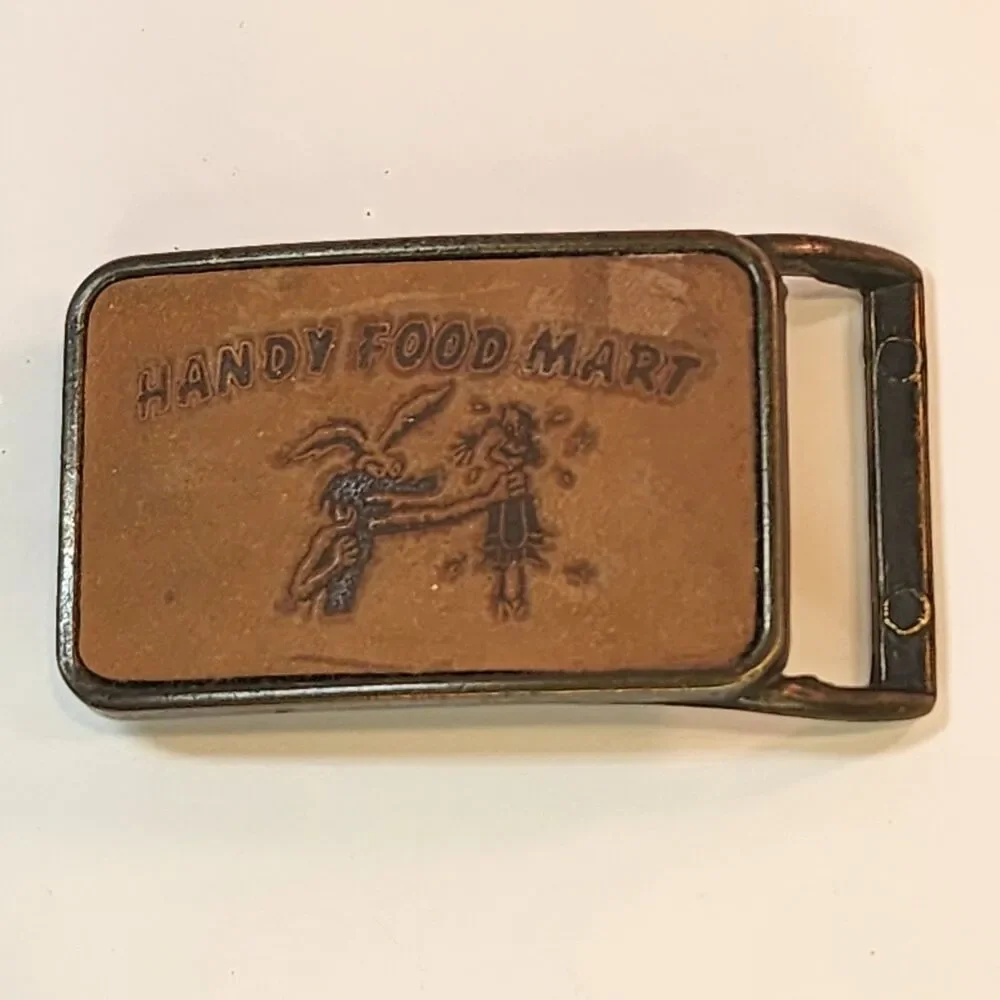 Vintage Handy Food Mart Belt Buckle Leather Brass? Looney Tunes Coyote Retro
